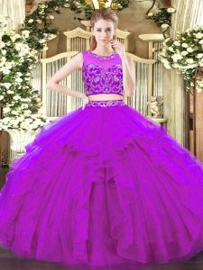 Artistic Purple Scoop Zipper Beading and Ruffles Quinceanera Gowns Sleeveless