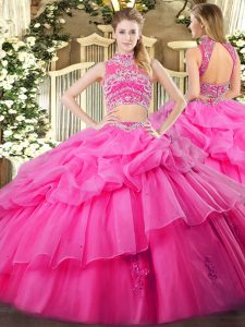 Hot Pink Two Pieces Tulle High-neck Sleeveless Beading and Ruffles and Pick Ups Floor Length Backless Ball Gown Prom Dress