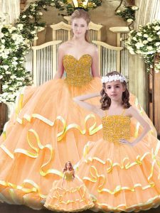 Luxurious Orange Sweetheart Lace Up Beading and Ruffled Layers Quinceanera Gown Sleeveless