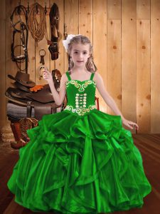 Green Straps Neckline Embroidery and Ruffles Child Pageant Dress Sleeveless Lace Up