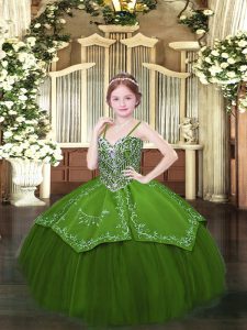 Best Olive Green Spaghetti Straps Lace Up Beading and Embroidery Pageant Gowns Sleeveless