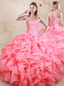 Popular Sweetheart Sleeveless Quinceanera Dress Floor Length Beading and Ruffles Watermelon Red Organza