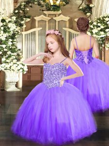 Sleeveless Tulle Floor Length Lace Up Kids Pageant Dress in Lavender with Appliques