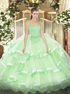 New Arrival Floor Length Apple Green Quinceanera Gowns Organza Sleeveless Beading and Ruffled Layers