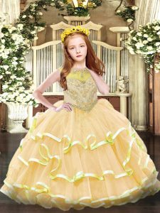Sweet Scoop Sleeveless Pageant Dress for Girls Floor Length Beading and Ruffled Layers Gold Organza