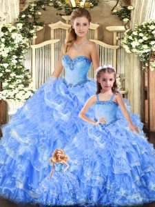 Custom Design Baby Blue Organza Lace Up Ball Gown Prom Dress Sleeveless Floor Length Beading and Ruffles