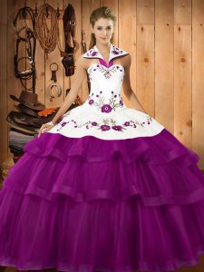 Admirable Sleeveless Sweep Train Embroidery and Ruffled Layers Lace Up Sweet 16 Dress