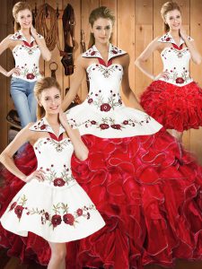 Sophisticated White And Red Lace Up Halter Top Embroidery and Ruffles Sweet 16 Dress Satin and Organza Sleeveless