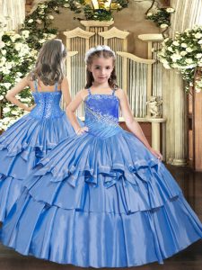 Baby Blue Lace Up Pageant Gowns For Girls Beading and Ruffled Layers Sleeveless Floor Length