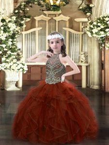 Rust Red Sleeveless Beading and Ruffles Floor Length Little Girls Pageant Gowns