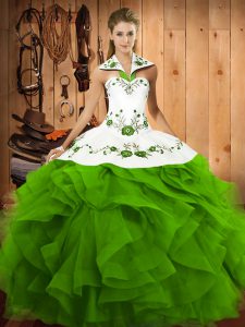 Ideal Floor Length 15 Quinceanera Dress Halter Top Sleeveless Lace Up