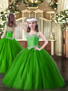 Eye-catching Sleeveless Floor Length Beading Lace Up Kids Formal Wear with Green