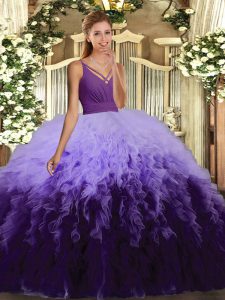 Multi-color Backless V-neck Ruffles Quince Ball Gowns Tulle Sleeveless