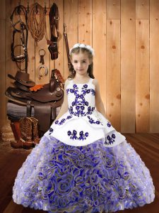 Sleeveless Fabric With Rolling Flowers Floor Length Lace Up Child Pageant Dress in Multi-color with Embroidery and Ruffles
