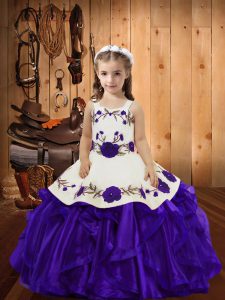 Discount Purple Sleeveless Embroidery and Ruffles Floor Length Girls Pageant Dresses
