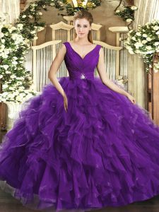Purple Backless Vestidos de Quinceanera Beading and Ruffles Sleeveless Floor Length