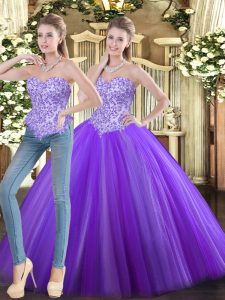 Custom Designed Eggplant Purple Sleeveless Floor Length Beading Lace Up Quinceanera Gown
