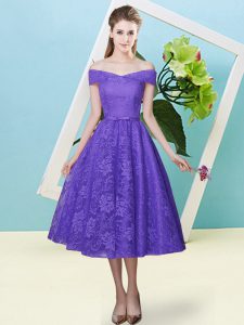 Comfortable Cap Sleeves Tea Length Bowknot Lace Up Court Dresses for Sweet 16 with Lavender