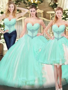 Beauteous Apple Green Three Pieces Sweetheart Sleeveless Organza Floor Length Lace Up Beading and Ruffles Quinceanera Gown