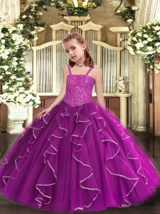Purple Tulle Lace Up Straps Sleeveless Floor Length Little Girls Pageant Gowns Beading and Ruffles
