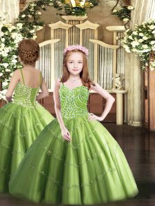 Wonderful Olive Green Ball Gowns Straps Sleeveless Tulle Floor Length Lace Up Beading Little Girl Pageant Dress