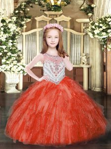 Scoop Sleeveless Pageant Dress Floor Length Beading and Ruffles Red Tulle