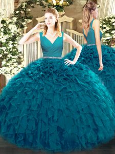 High Quality Teal Zipper V-neck Beading and Ruffles Quinceanera Gowns Tulle Sleeveless