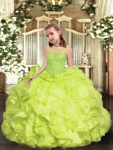 Low Price Yellow Green Ball Gowns Beading and Ruffles Little Girls Pageant Dress Wholesale Lace Up Organza Sleeveless Floor Length
