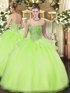 High Quality Yellow Green Lace Up Sweetheart Beading and Ruffles Quinceanera Dresses Tulle Sleeveless