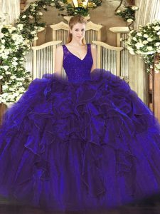 Hot Selling Beading and Ruffles Quinceanera Dress Purple Zipper Sleeveless Floor Length
