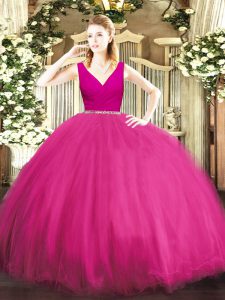 Fuchsia Zipper Sweet 16 Dresses Beading Sleeveless Floor Length