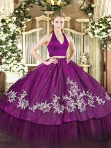 Best Fuchsia Sleeveless Appliques Floor Length Quinceanera Dress