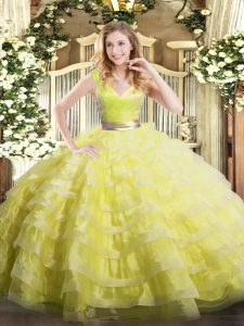 Fitting Ball Gowns 15th Birthday Dress Yellow Green V-neck Organza Sleeveless Floor Length Zipper