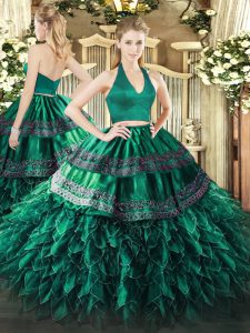Amazing Dark Green Zipper Halter Top Appliques and Ruffles Ball Gown Prom Dress Organza Sleeveless