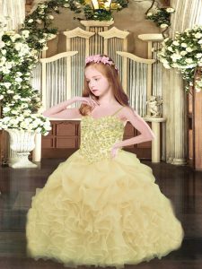 Latest Asymmetrical Champagne Little Girl Pageant Gowns Organza Sleeveless Appliques and Ruffles and Pick Ups