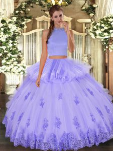 Lavender Halter Top Neckline Beading and Appliques and Ruffles Sweet 16 Dresses Sleeveless Backless