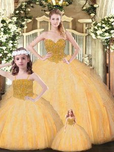 New Arrival Gold Tulle Lace Up Quinceanera Dress Sleeveless Floor Length Beading