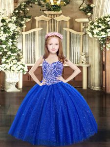 Royal Blue Sleeveless Floor Length Beading Lace Up Little Girls Pageant Dress