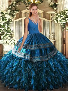Organza V-neck Sleeveless Backless Beading and Appliques and Ruffles Quinceanera Dresses in Blue