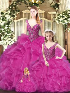 Luxurious Fuchsia Straps Neckline Beading and Ruffles Quinceanera Dress Sleeveless Lace Up