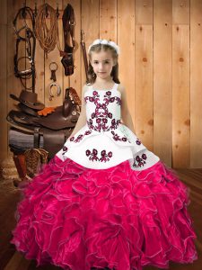 Wonderful Hot Pink Organza Lace Up Straps Sleeveless Floor Length Pageant Dress for Womens Embroidery and Ruffles
