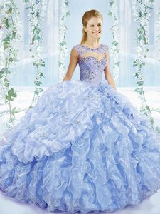 Sleeveless Beading and Ruffles and Pick Ups Lace Up Vestidos de Quinceanera with Blue Brush Train