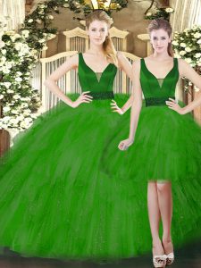 Flare Straps Sleeveless Quince Ball Gowns Floor Length Beading and Ruffles Green Tulle