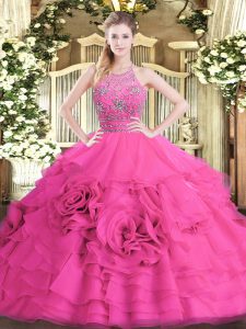 Tulle Sleeveless Floor Length 15th Birthday Dress and Beading and Ruffled Layers