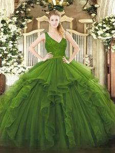 Affordable Olive Green Quinceanera Dresses Military Ball and Sweet 16 and Quinceanera with Beading and Lace and Ruffles V-neck Sleeveless Backless