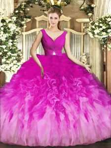 Ball Gowns Quince Ball Gowns Fuchsia V-neck Tulle Sleeveless Floor Length Backless