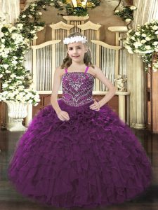 High Class Sleeveless Organza Floor Length Lace Up Glitz Pageant Dress in Purple with Beading and Ruffles