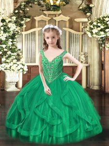 Sleeveless Lace Up Floor Length Beading and Ruffles Kids Pageant Dress