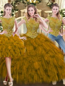 Affordable Brown Tulle Zipper Sweet 16 Quinceanera Dress Sleeveless Floor Length Beading and Ruffles