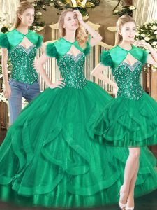 Discount Dark Green Ball Gowns Beading and Ruffles Sweet 16 Dress Lace Up Tulle Sleeveless Floor Length
